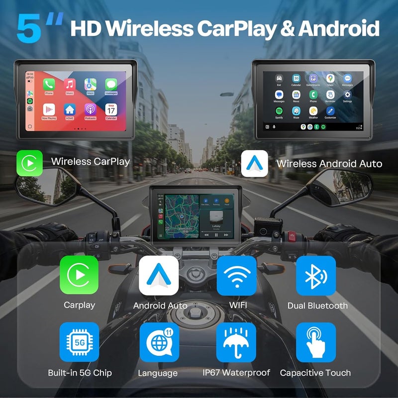 WonVon 5 Inch Motorcycle Carplay GPS Navigation System with Apple Carplay and Android Auto Portable Screen with Dual Bluetooth, Navigation, Siri, Google Assistant（Not Inchluded TPMS） - Image 2